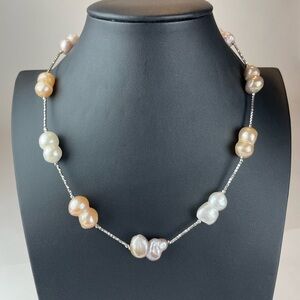 NEW REAL FRESHWATER BAROQUE PEARLS NECKLACE 16”, 925 Sterling Silver Clasp